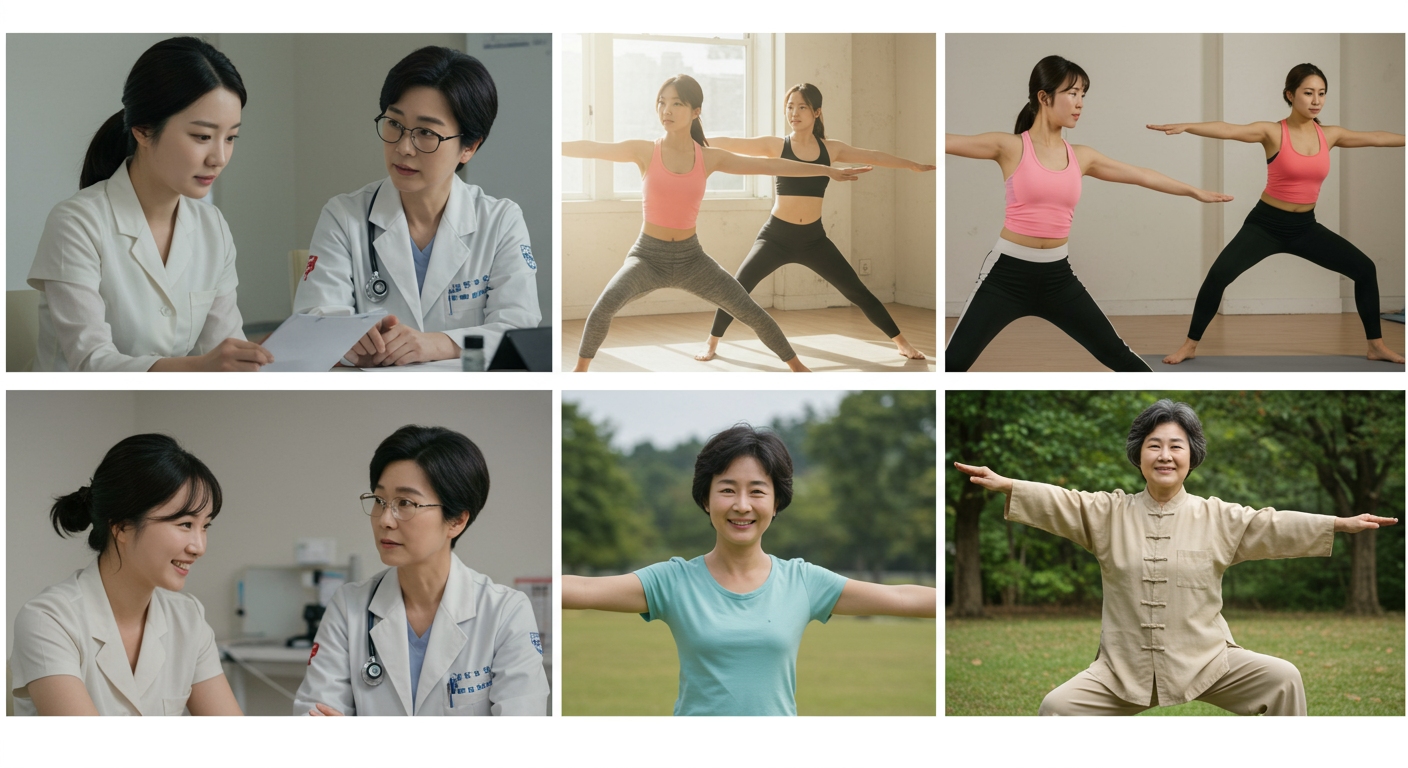 다양한 한국 여성이 의사 상담이나 운동 등 여러 활동에 참여하며 각기 다른 인생 단계를 보여주는 모습