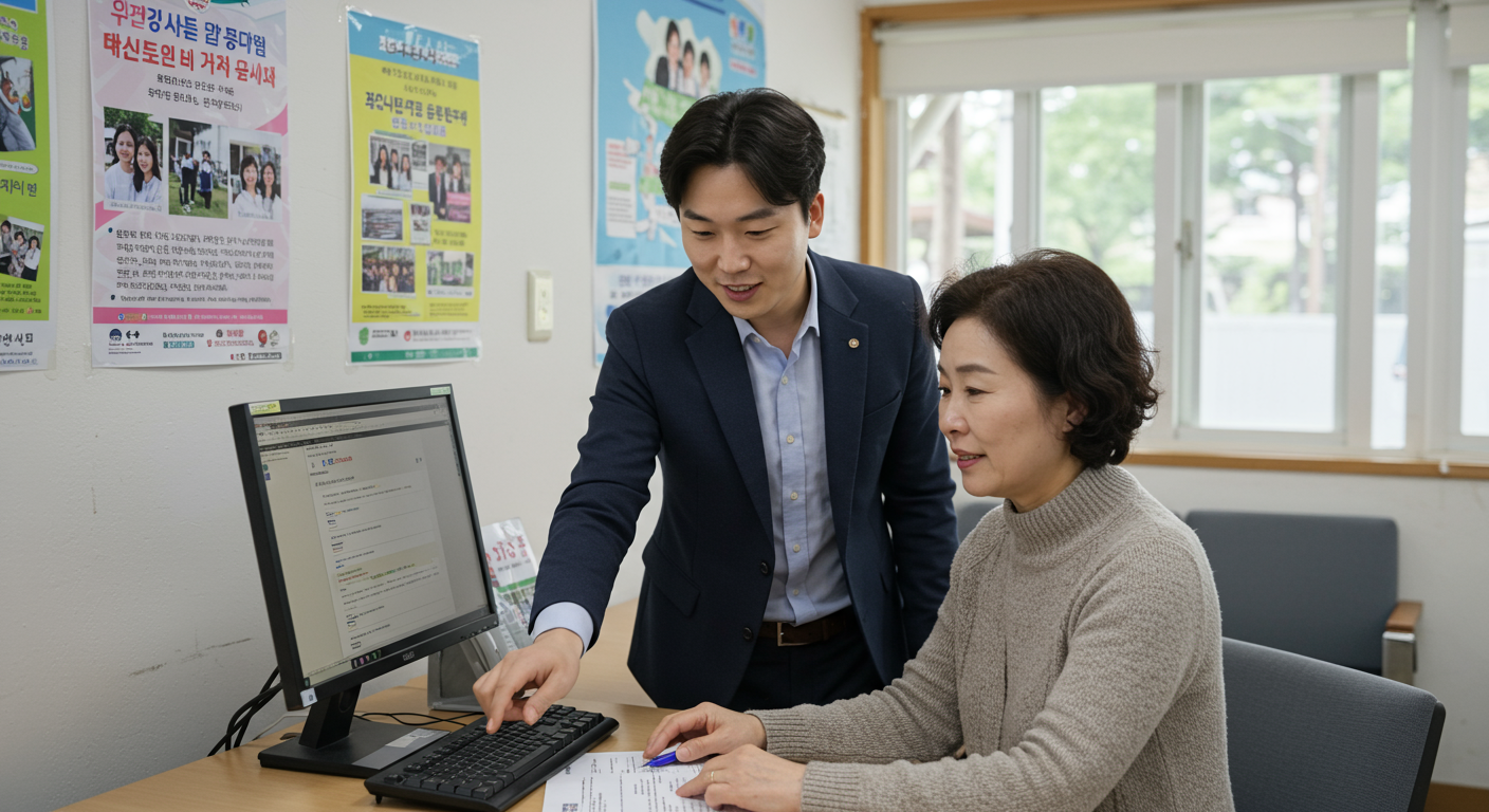 사회복지사가 지역 센터에서 컴퓨터로 신청 자격 기준을 설명하는 장면