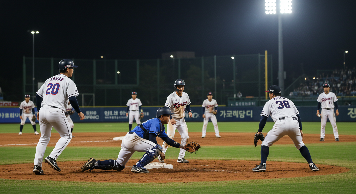 저녁 경기에서 각 팀의 한국 선수들이 필드에서 경합하는 장면