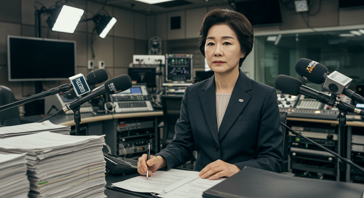 방송 스튜디오에서 대본과 마이크를 앞에 두고 진지한 표정의 베테랑 여성 아나운서