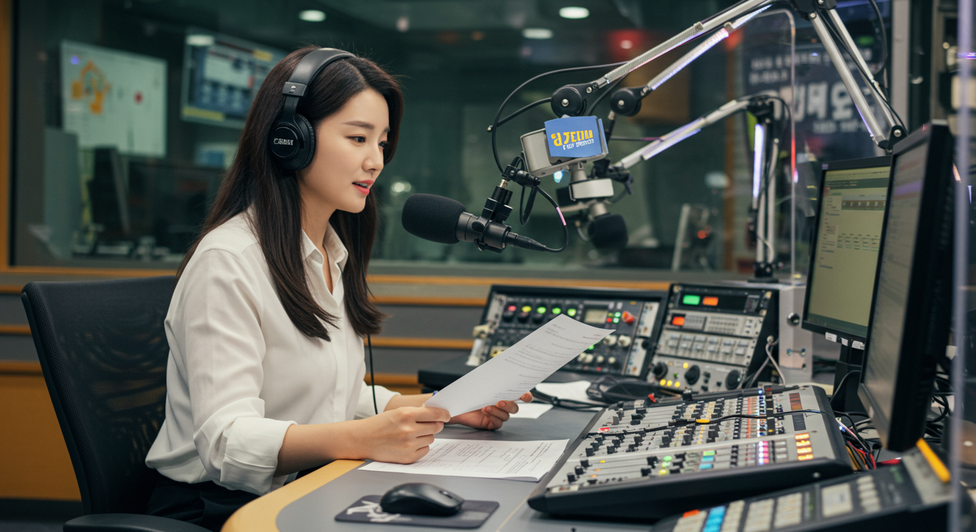 라디오 스튜디오에서 진지하게 원고를 읽는 한국인 여성