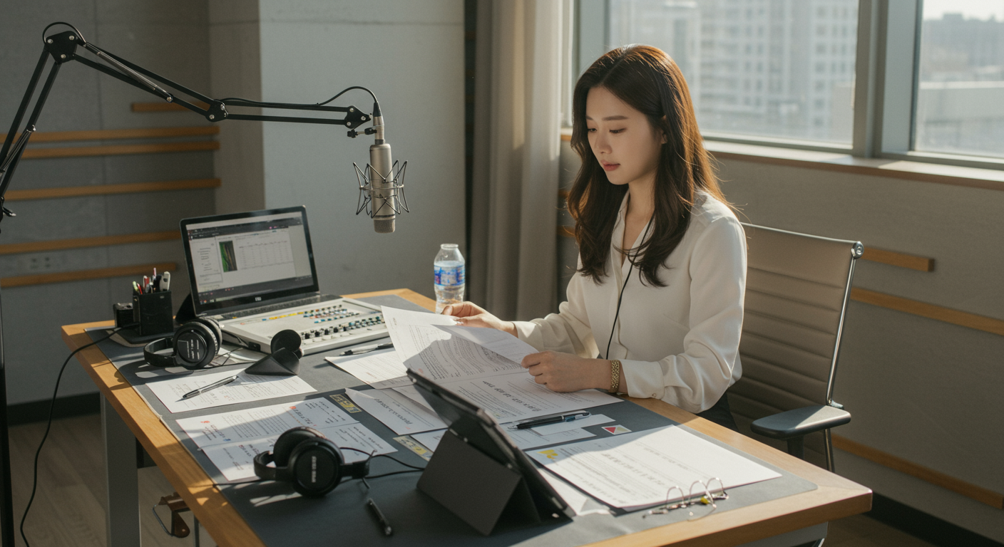 전자기기와 자료가 정리된 작업 공간에서 꼼꼼히 방송을 준비하는 모습