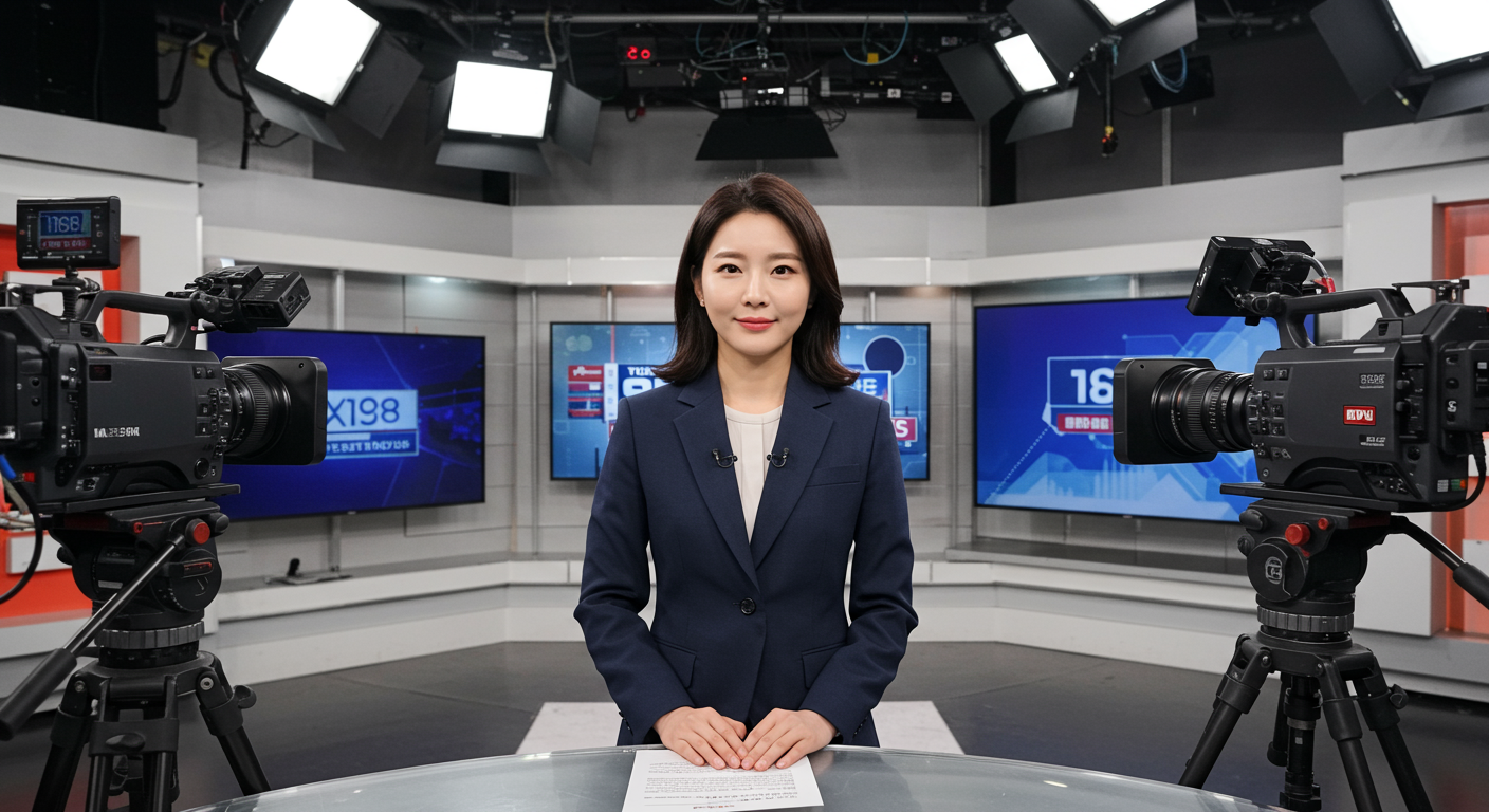 현대적인 TV 스튜디오에서 방송하는 여성 앵커의 모습