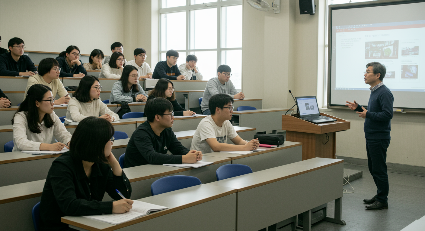 강의실에서 교수님의 강의를 듣고 있는 한국 대학생들