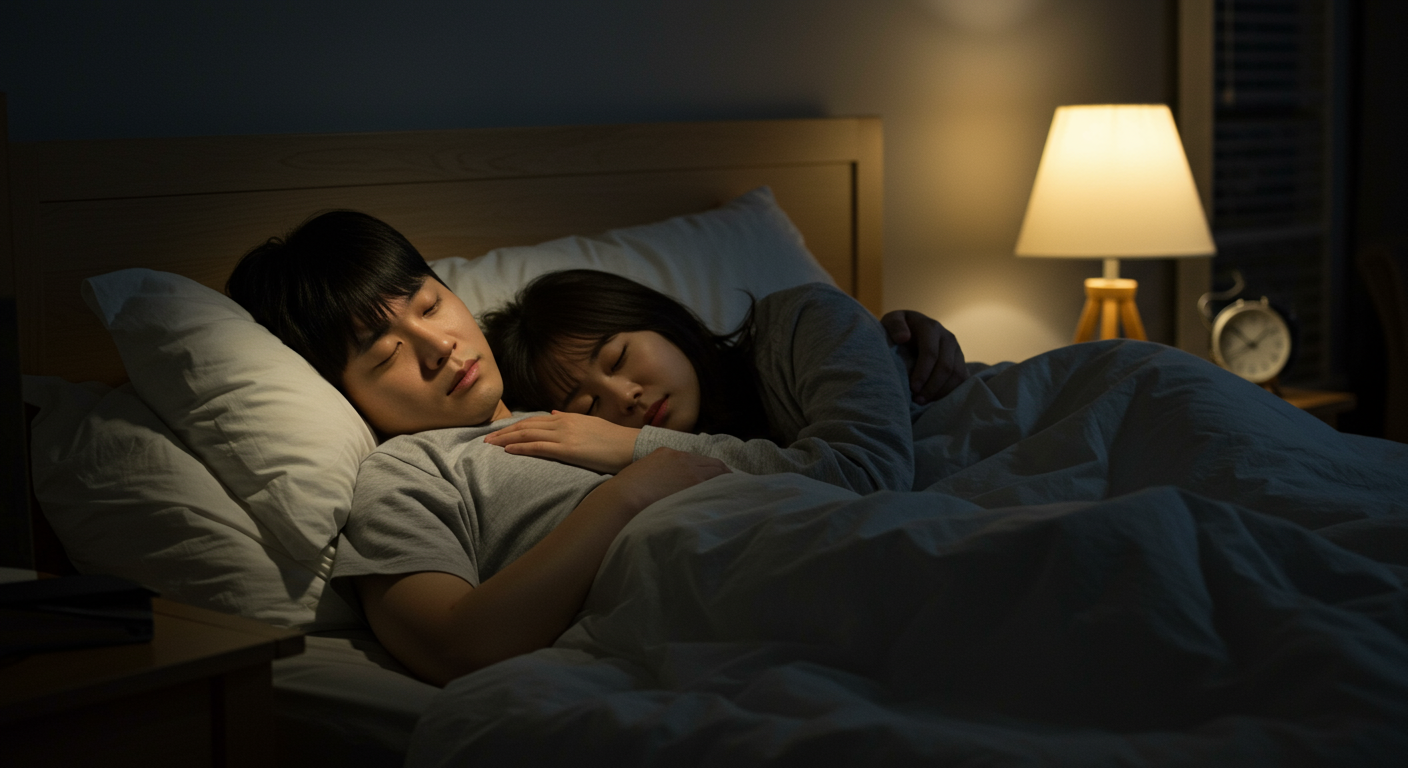 침대에 누워 평화롭게 잠든 젊은 부부의 모습