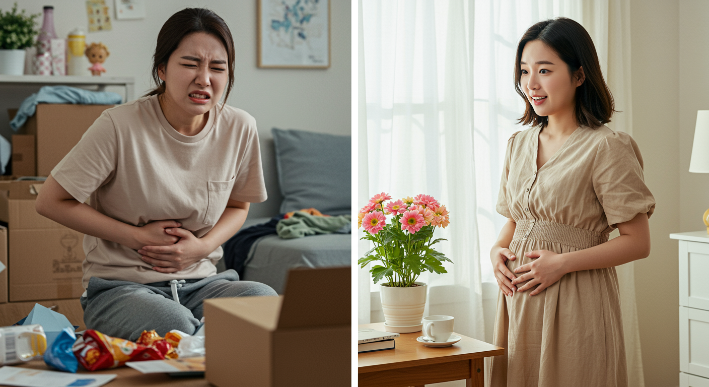 생리 전 증상을 겪는 여성과 초기 임신 증상을 겪는 여성의 대조적인 이미지