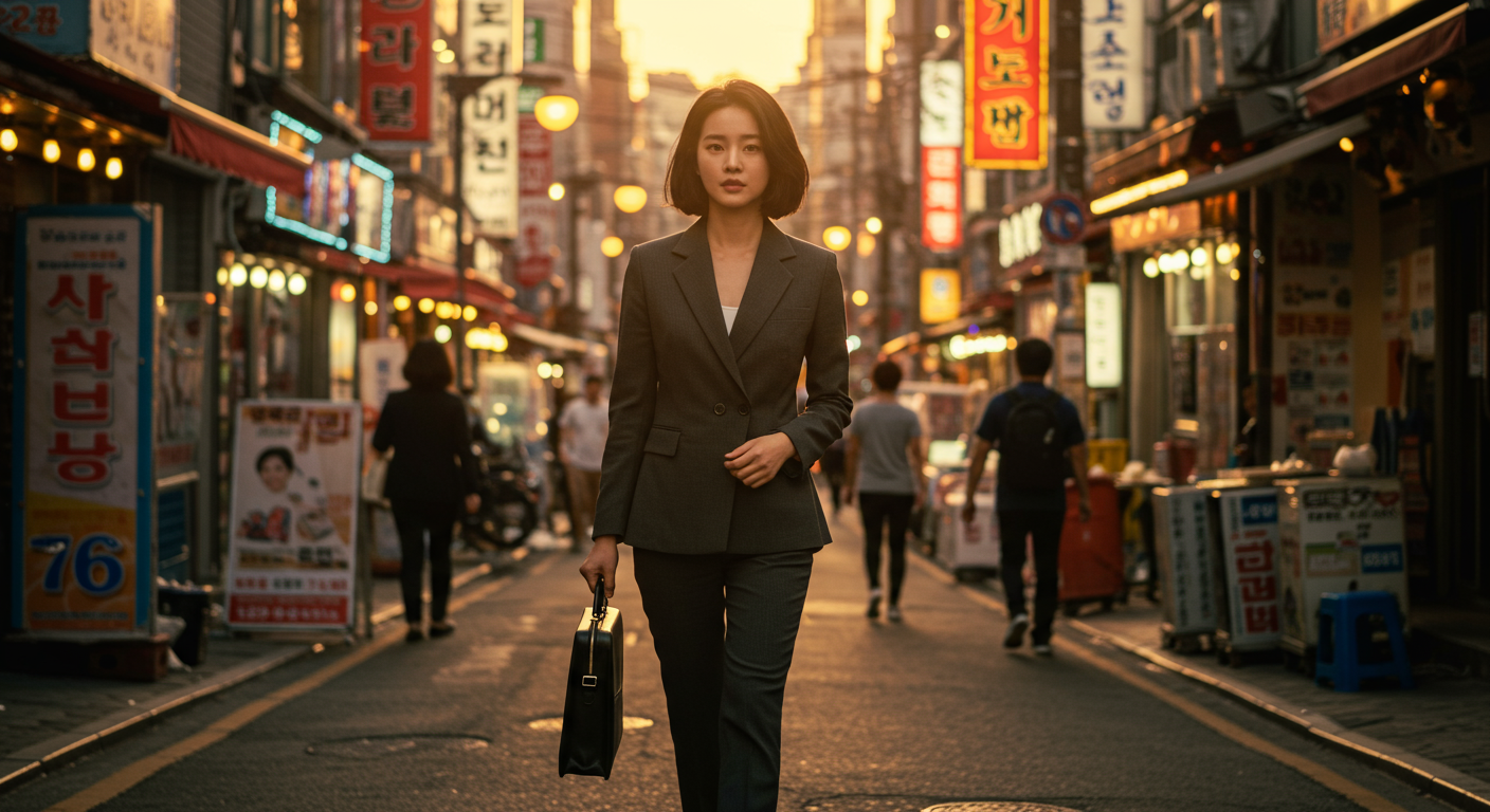 황금 시간대 서울 거리를 걷는 자신감 넘치는 한국 비즈니스 여성