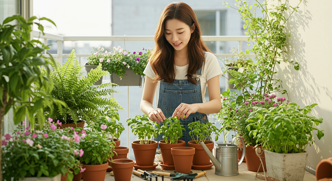 젊은 여성이 발코니에서 작은 화분에 바질 씨앗을 심고 있는 모습