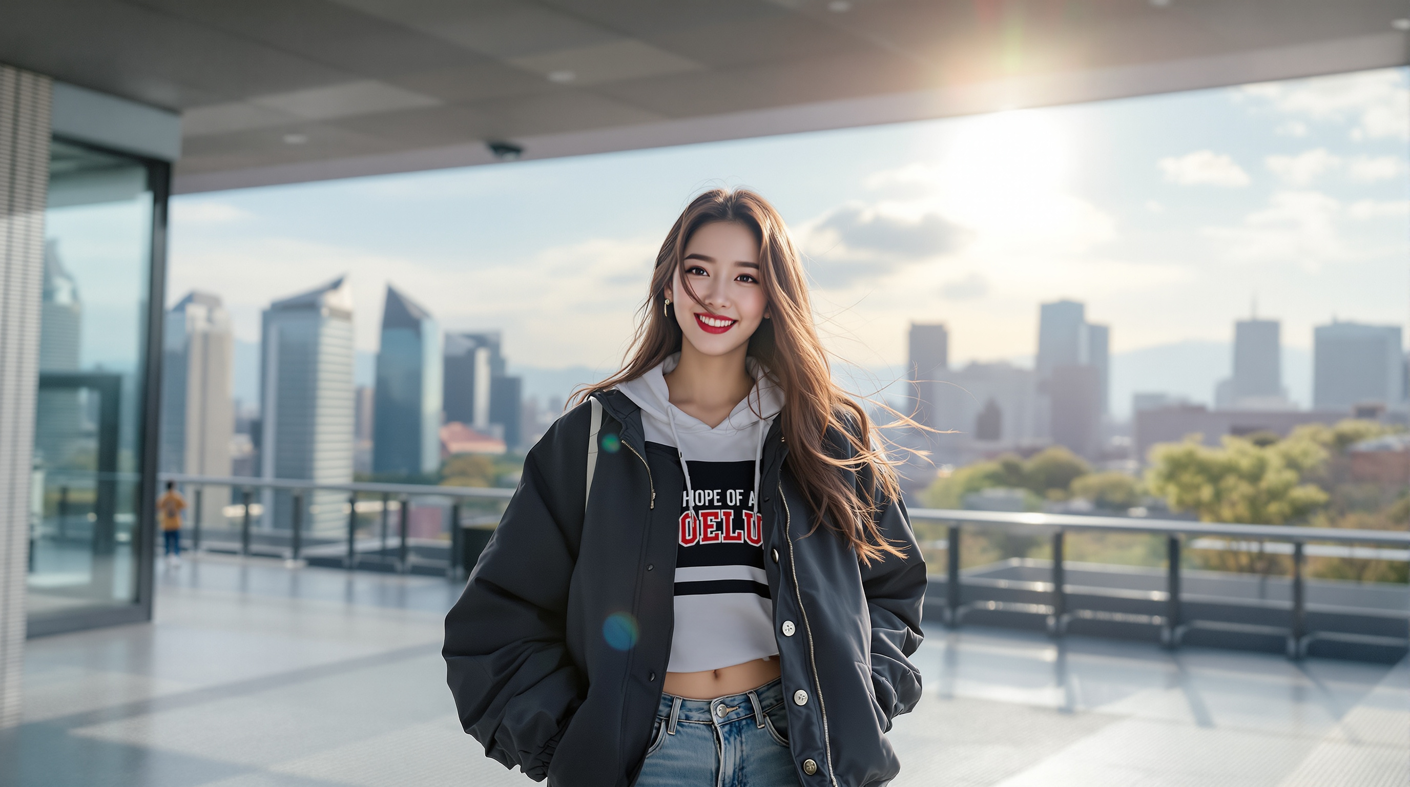한국 치어리더 김이서가 서울의 현대적인 도시 풍경을 배경으로 캐주얼하고 세련된 옷차림을 하고 있는 모습