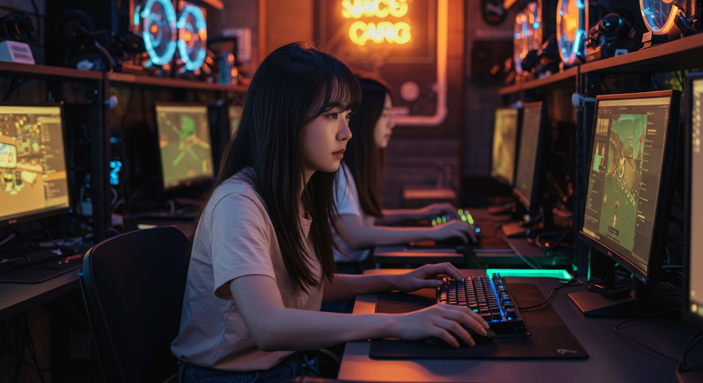서울의 아늑한 PC방에서 컴퓨터들 사이에 앉아 집중하고 있는 한국 여성