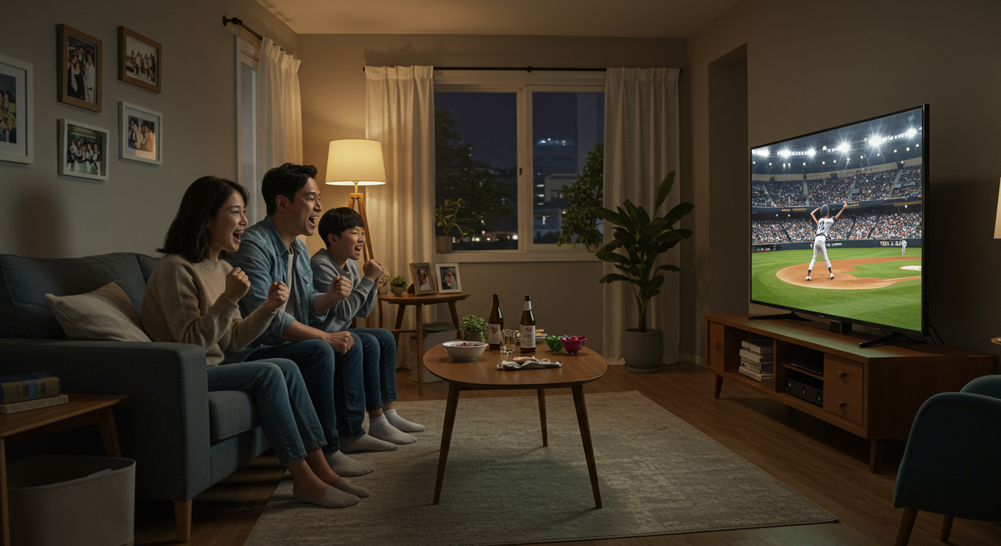 거실에서 가족들이 TV로 야구 경기를 시청하며 다양한 감정을 표출하는 장면