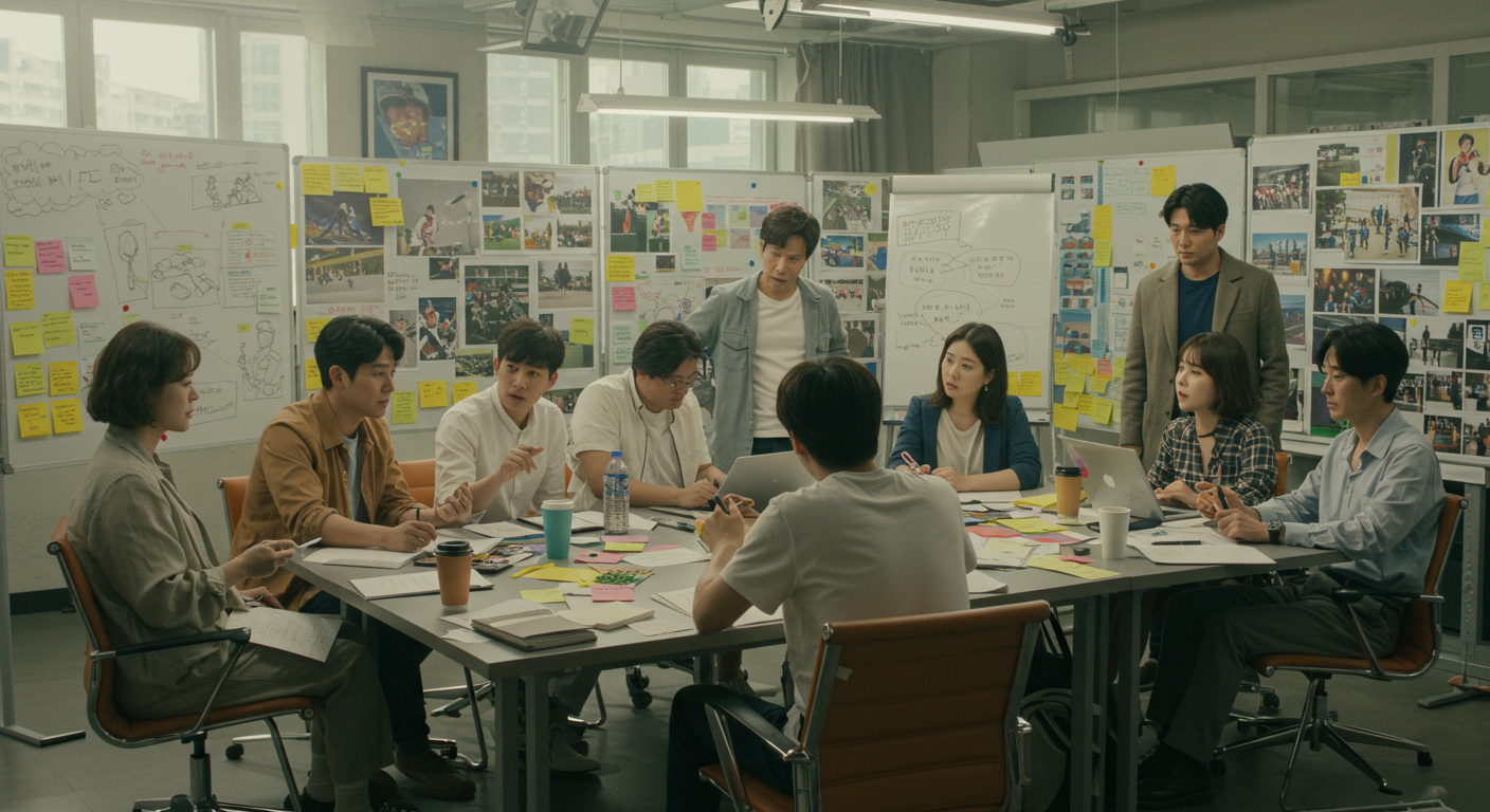 스포츠 쇼를 위한 스토리라인을 개발하는 한국 제작팀 회의 모습