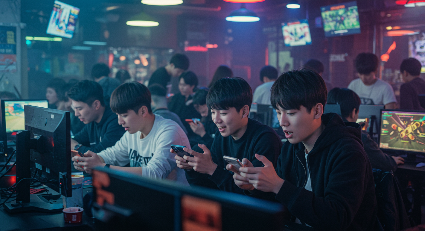 카페에서 휴대폰으로 게임 소식을 확인하는 젊은 게이머들