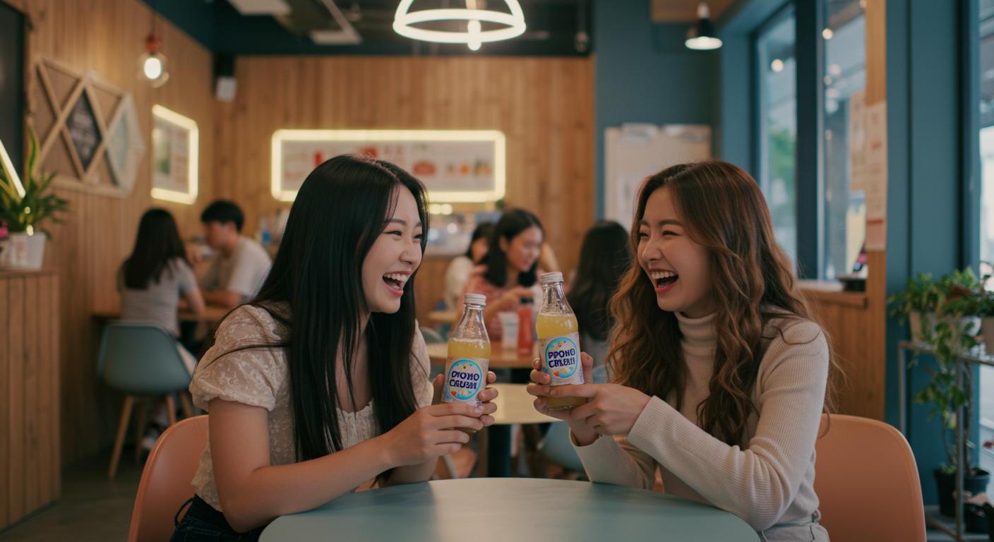 현대적인 카페에서 퐁크러쉬를 마시는 젊은 여성들