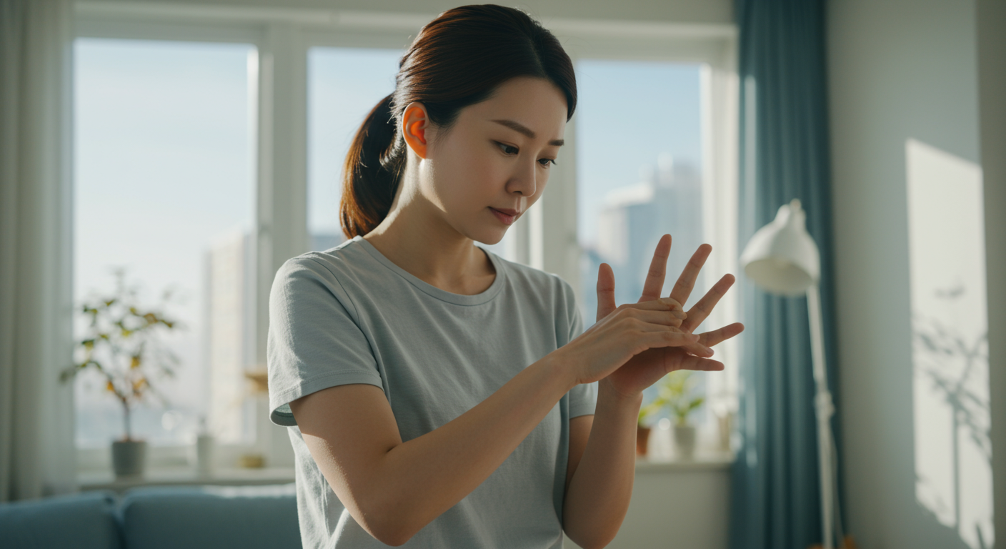 현대식 아파트에서 손에 지압을 시도하는 사람의 모습