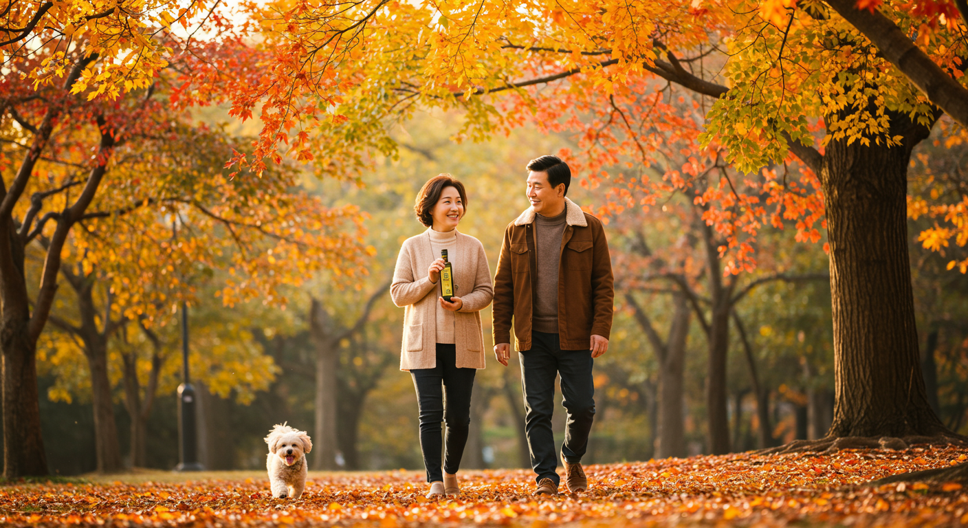 가을 공원에서 산책하는 중년 한국 부부와 작은 올리브오일 병을 들고 있는 여성