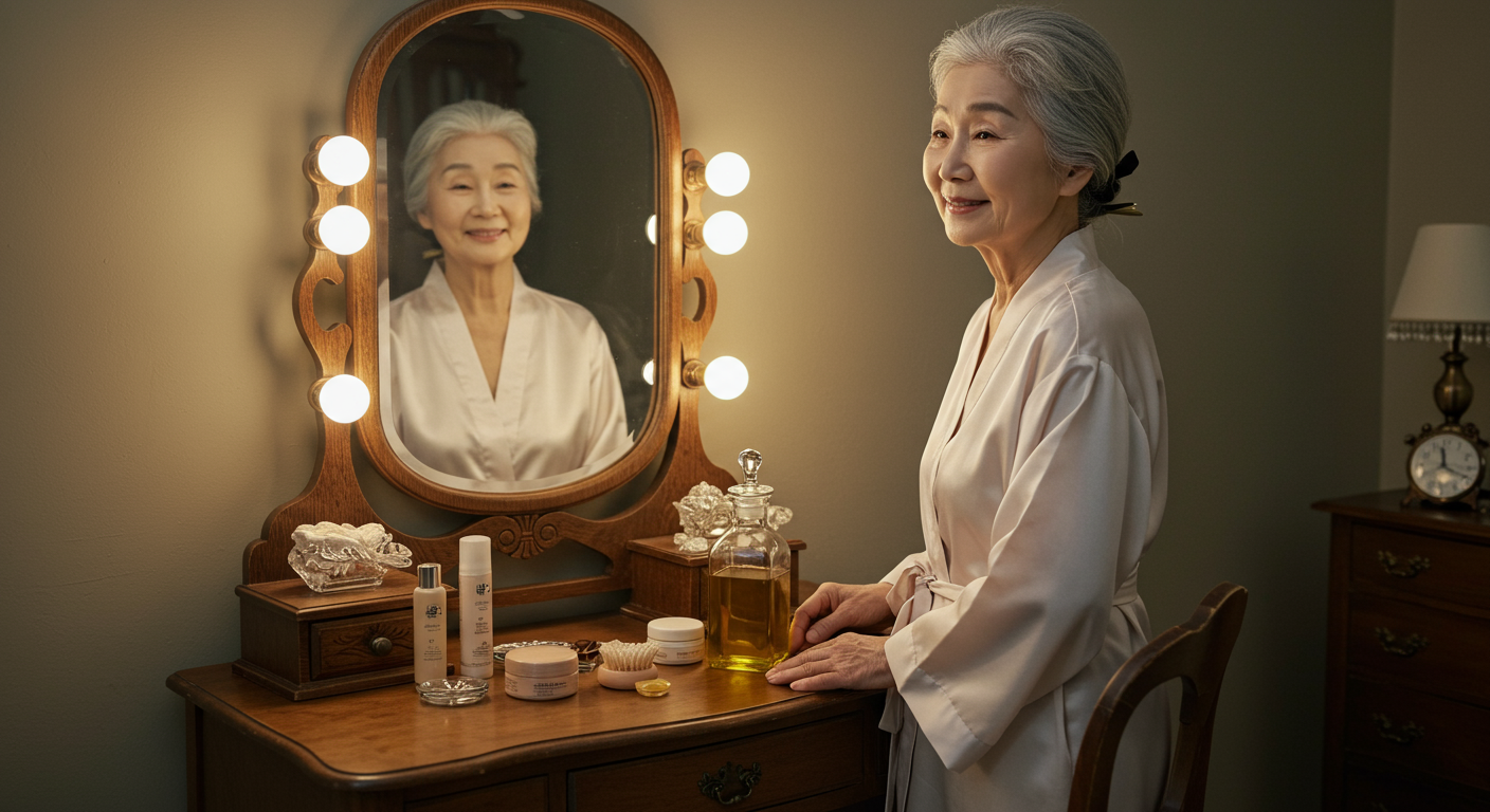 화장대 앞에서 빛나는 피부를 가진 노년 여성과 옆에 놓인 올리브오일 병