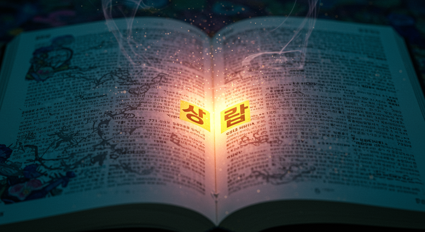국어사전에서 '야릇하다' 단어에 강조 표시된 모습과 신비로움과 흥미로움을 상징하는 추상적인 이미지