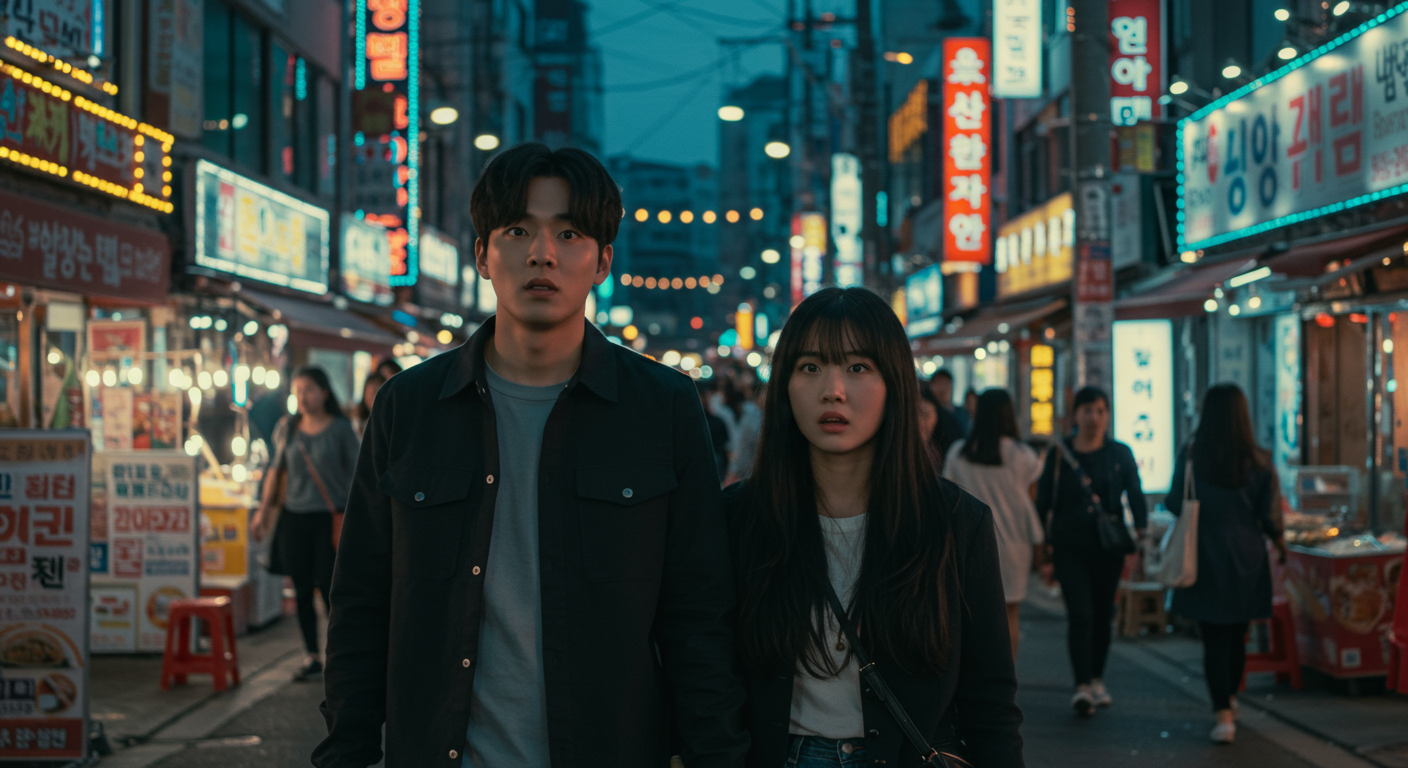 서울 거리에서 황혼에 걷는 젊은 커플의 모호하고 호기심 어린 표정