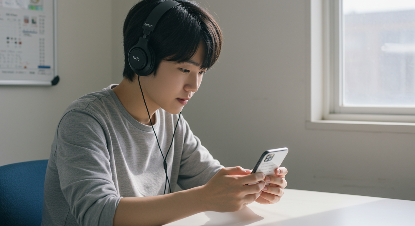 헤드폰을 착용하고 쉐도잉 연습 중인 학생