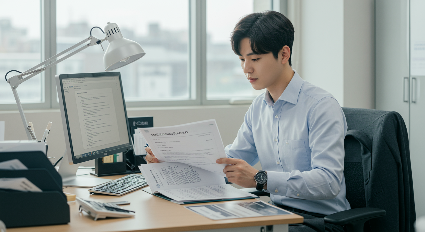 책상에 앉아 자격증 발급 서류를 검토하는 한국 직장인의 모습