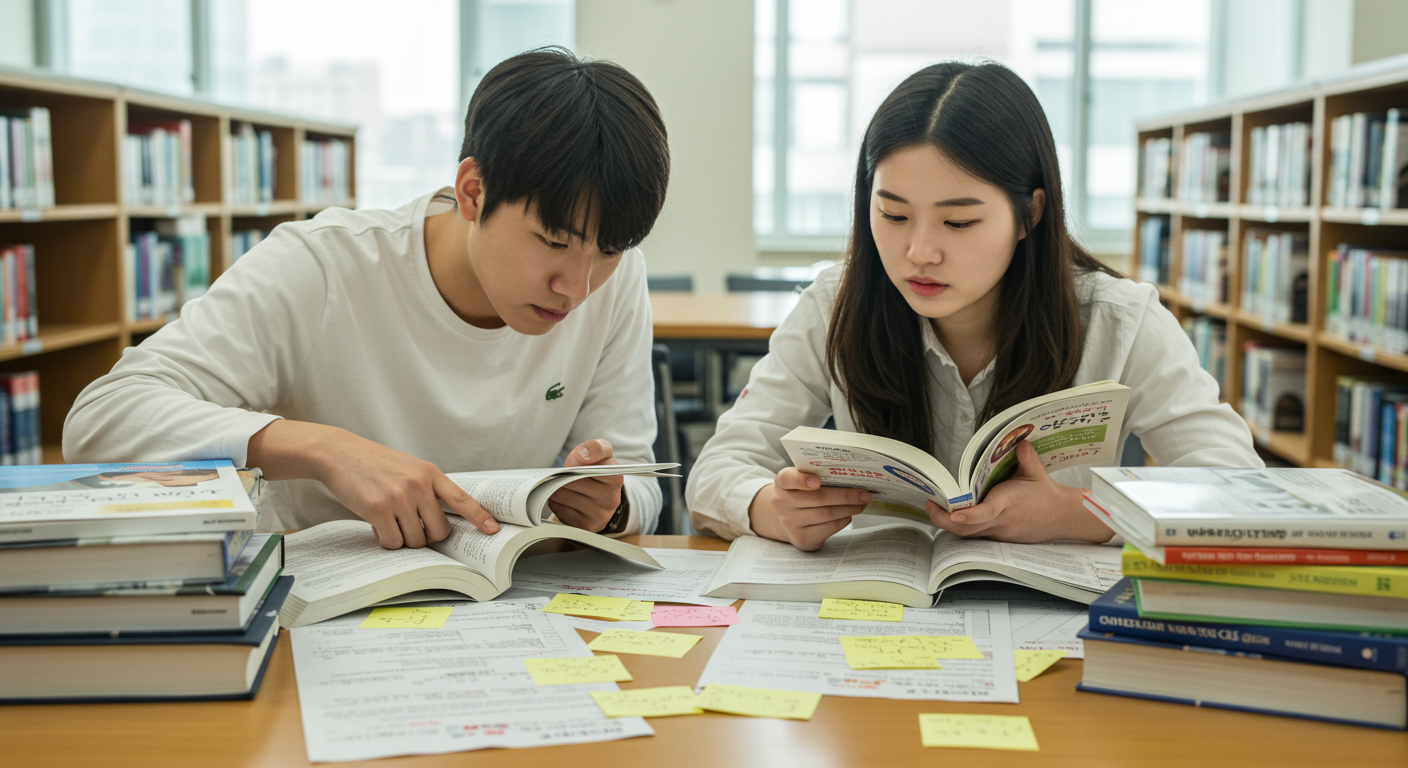 도서관에서 요양보호사 시험 준비 중인 학생들의 집중된 모습