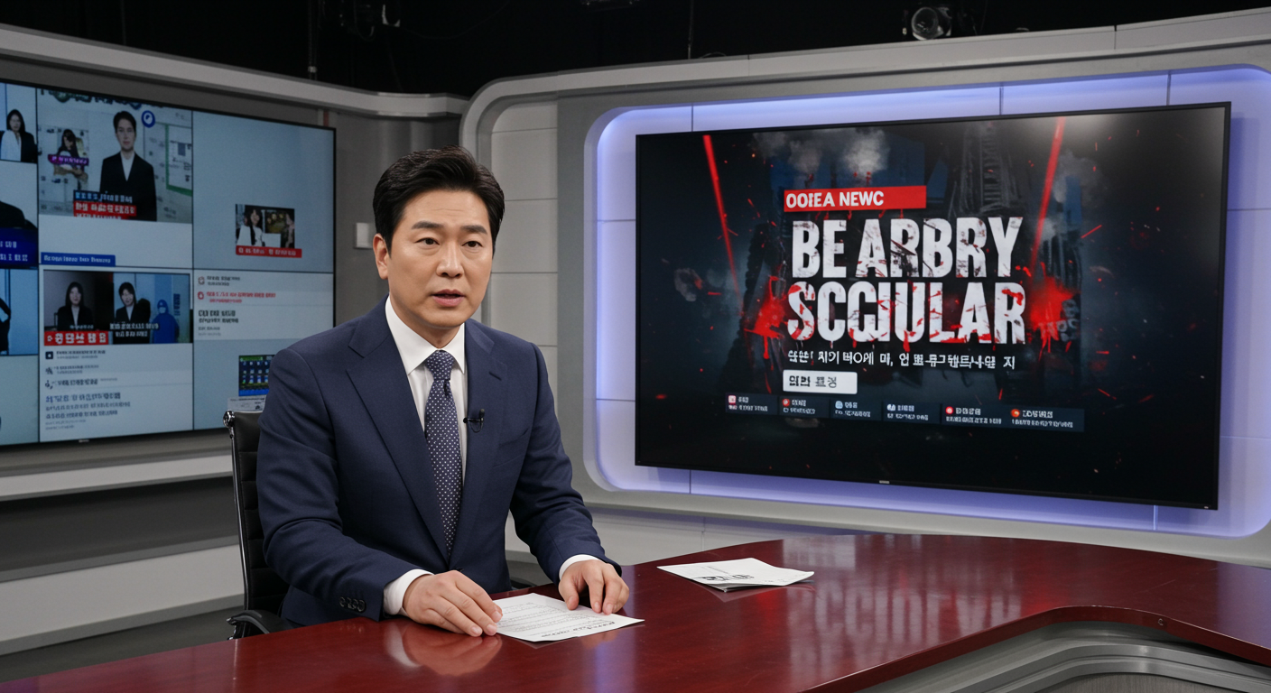 한국 뉴스 앵커가 현대적인 스튜디오에서 연예계 스캔들을 보도하는 모습