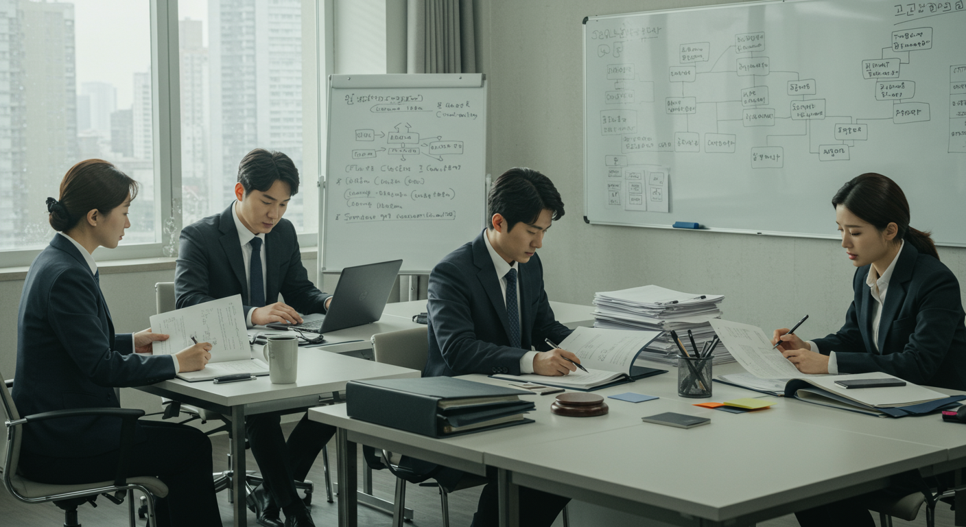 법정 소송 준비를 위해 문서를 작성 중인 한국의 법률팀