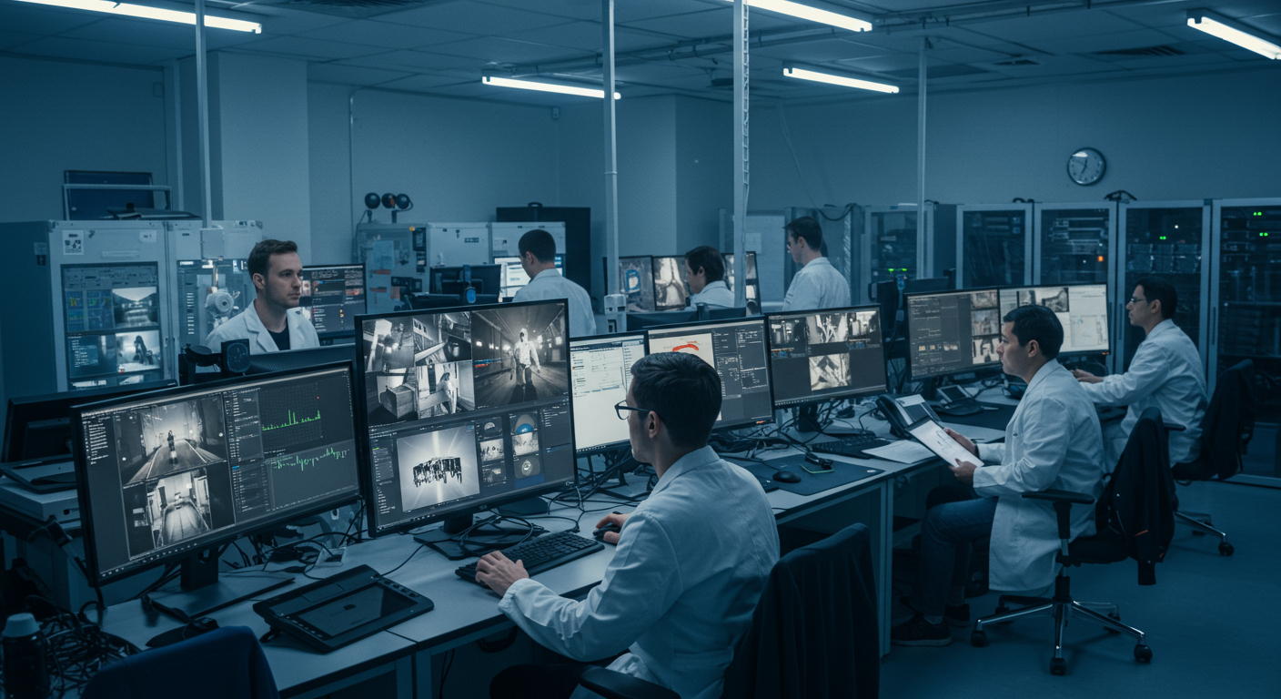 첨단 장비가 갖추어진 기술 연구소에서 AI 조작 여부를 분석 중인 디지털 포렌식 전문가들