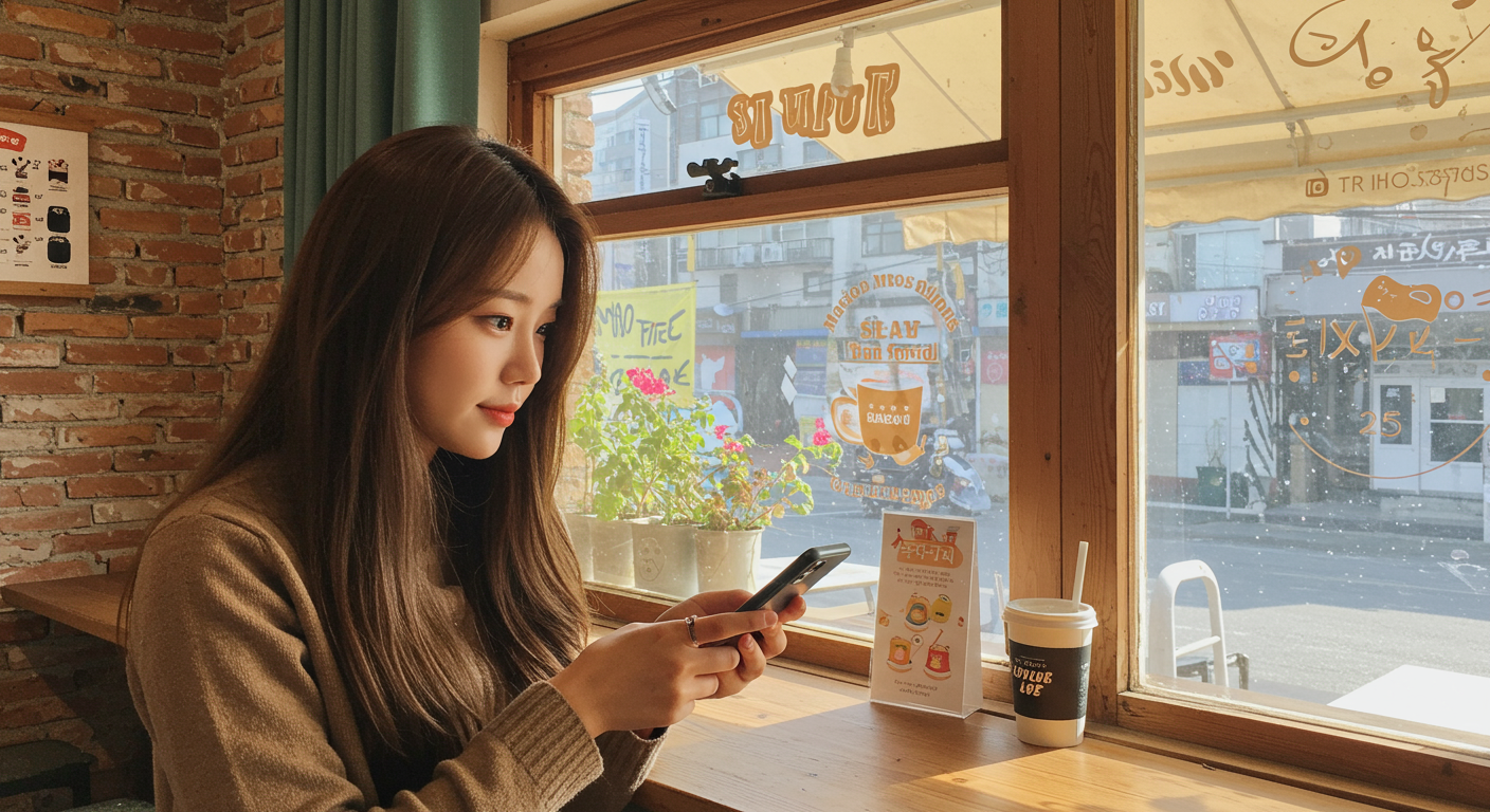 서울의 현대적인 카페에서 스마트폰 앱으로 할인 혜택을 사용하는 젊은 여성