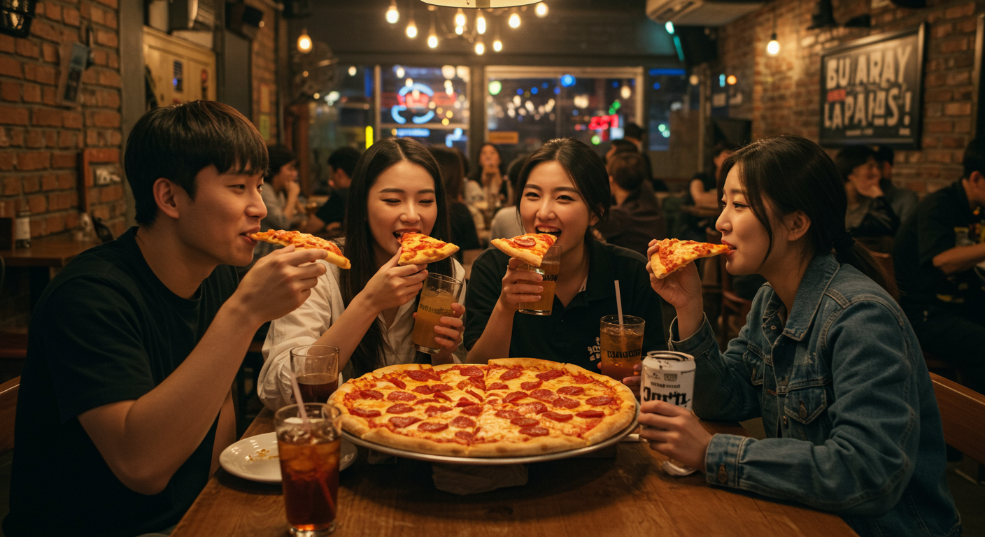 강남의 힙한 레스토랑에서 피자와 음료를 즐기는 젊은 사람들