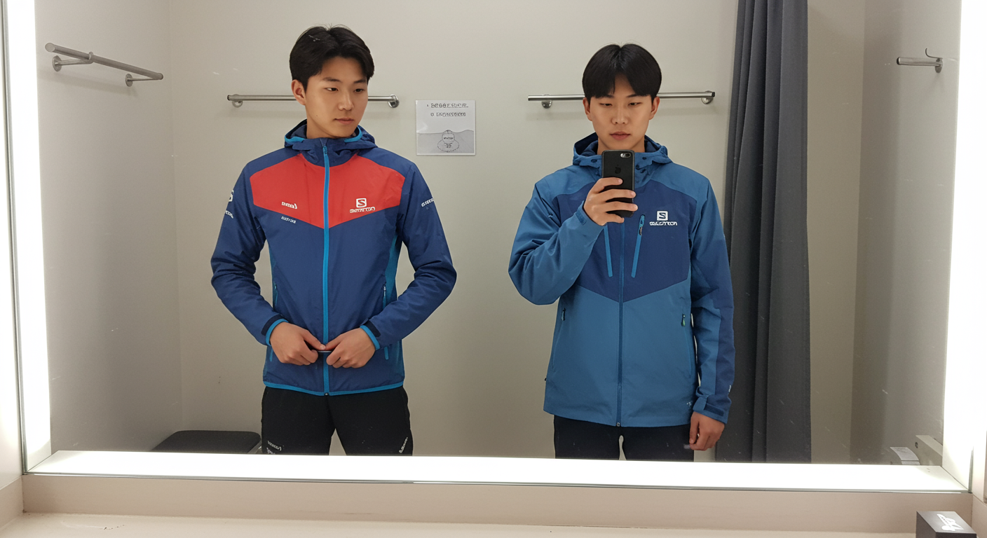 스포츠 활동과 캐주얼 착용에 적합한 두 가지 핏의 패딩을 입어보는 젊은이들