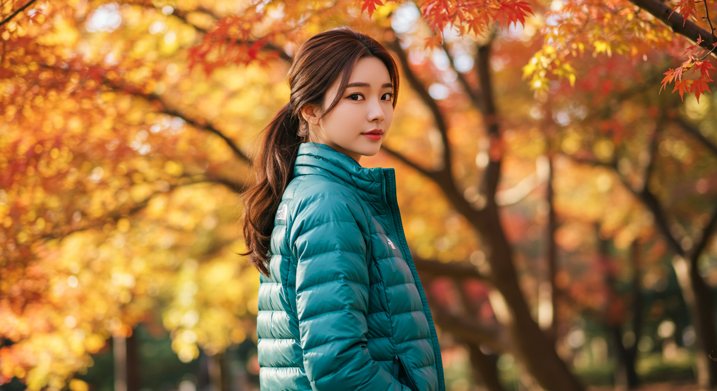 슬림한 실루엣의 경량패딩을 입고 가을 공원에 서 있는 여성