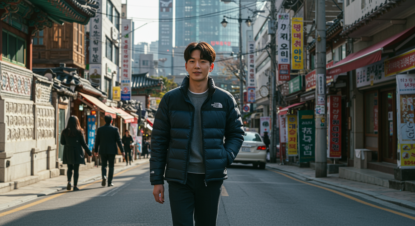 도심 속에서 슬림핏 경량패딩을 입고 걸어가는 직장인
