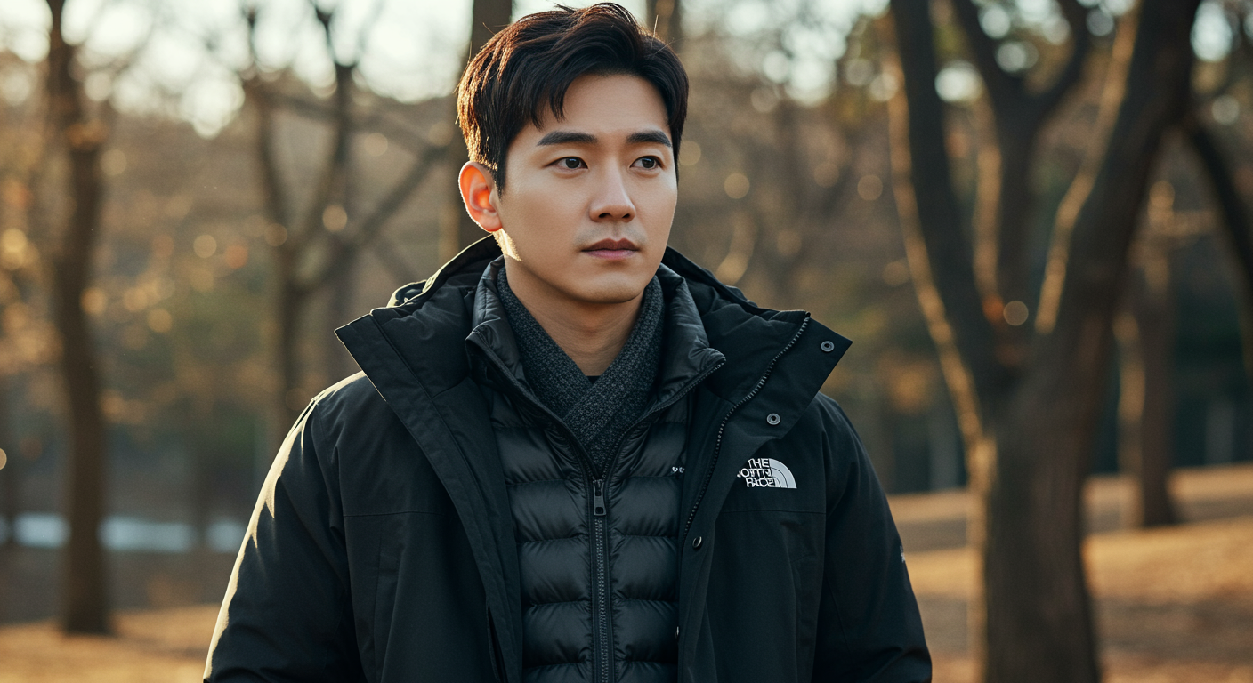 고기능 하이브리드 패딩을 레이어링하여 따뜻함과 통기성을 강조하는 남성