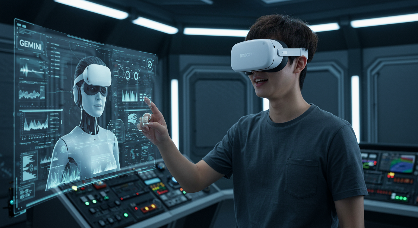 미래 지향적인 컨트롤룸에서 갤럭시 XR로 Gemini AI 인터페이스를 활용하는 개발자의 모습