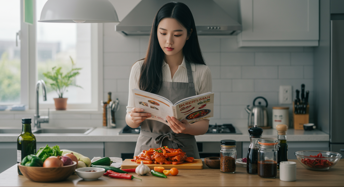 현대식 주방에서 요리책을 읽으며 닭볶음탕 재료를 준비하는 젊은 여성의 모습