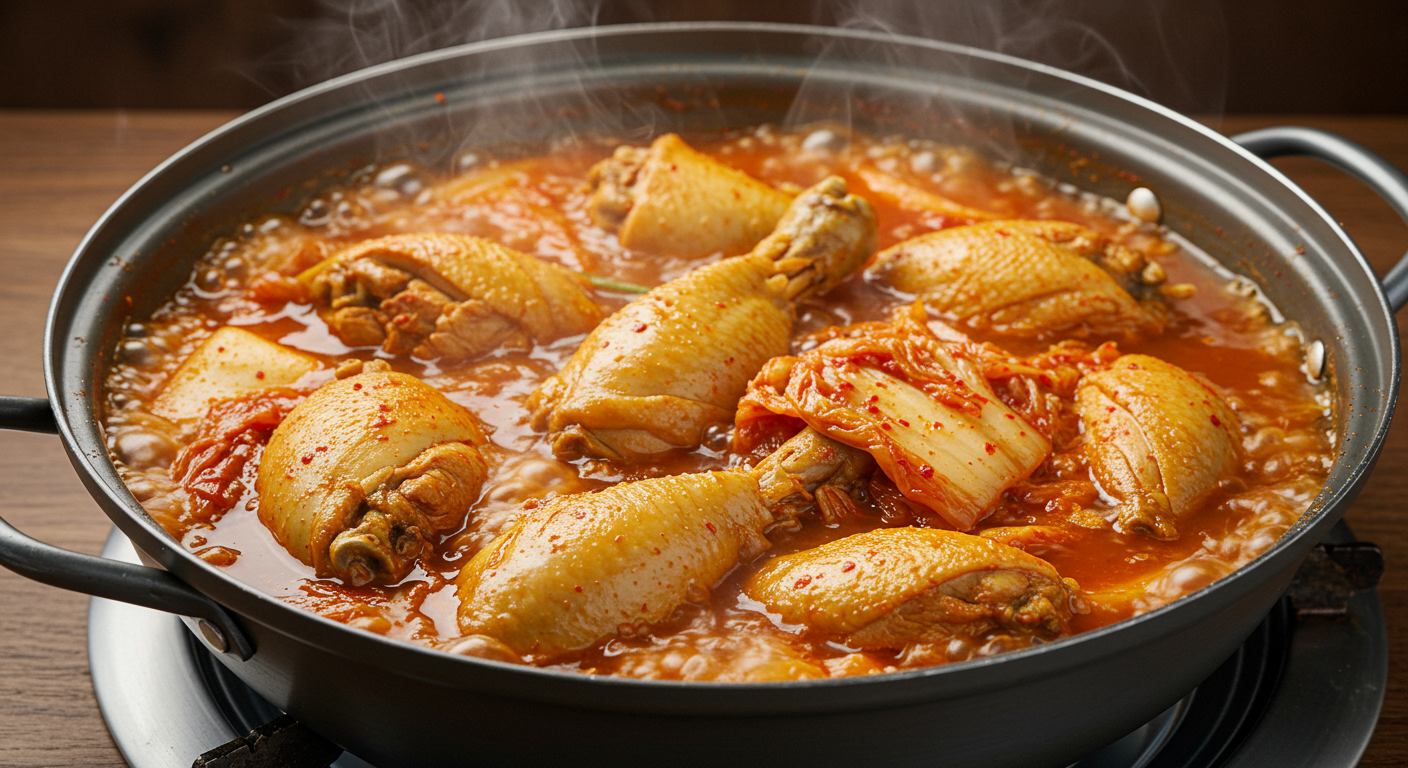 김치가 더해져 색감이 풍부한 김치 닭볶음탕이 끓고 있는 냄비