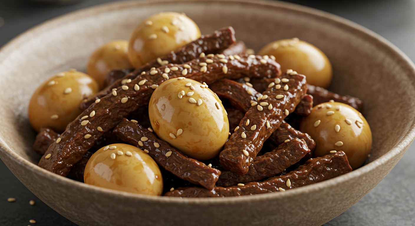 간장에 졸인 메추리알과 소고기 요리가 담긴 그릇 클로즈업