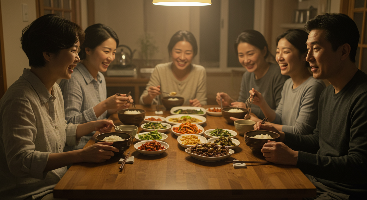 가정식 식탁에서 가족이 함께 장조림 덮밥을 먹는 모습