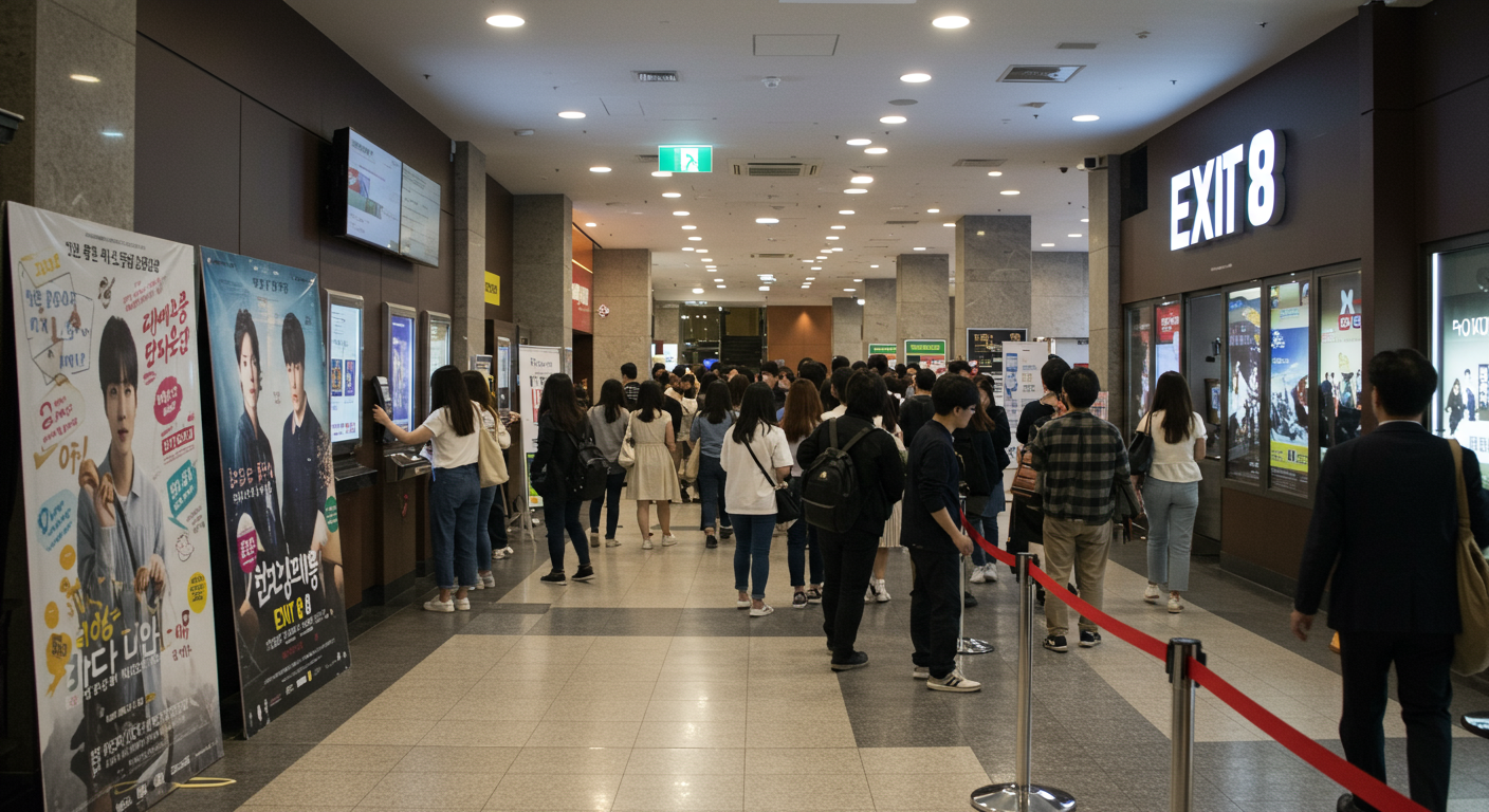 극장에서 '8번 출구' 티켓 구매를 기다리는 열정적인 관객들과 화려한 포스터 장식