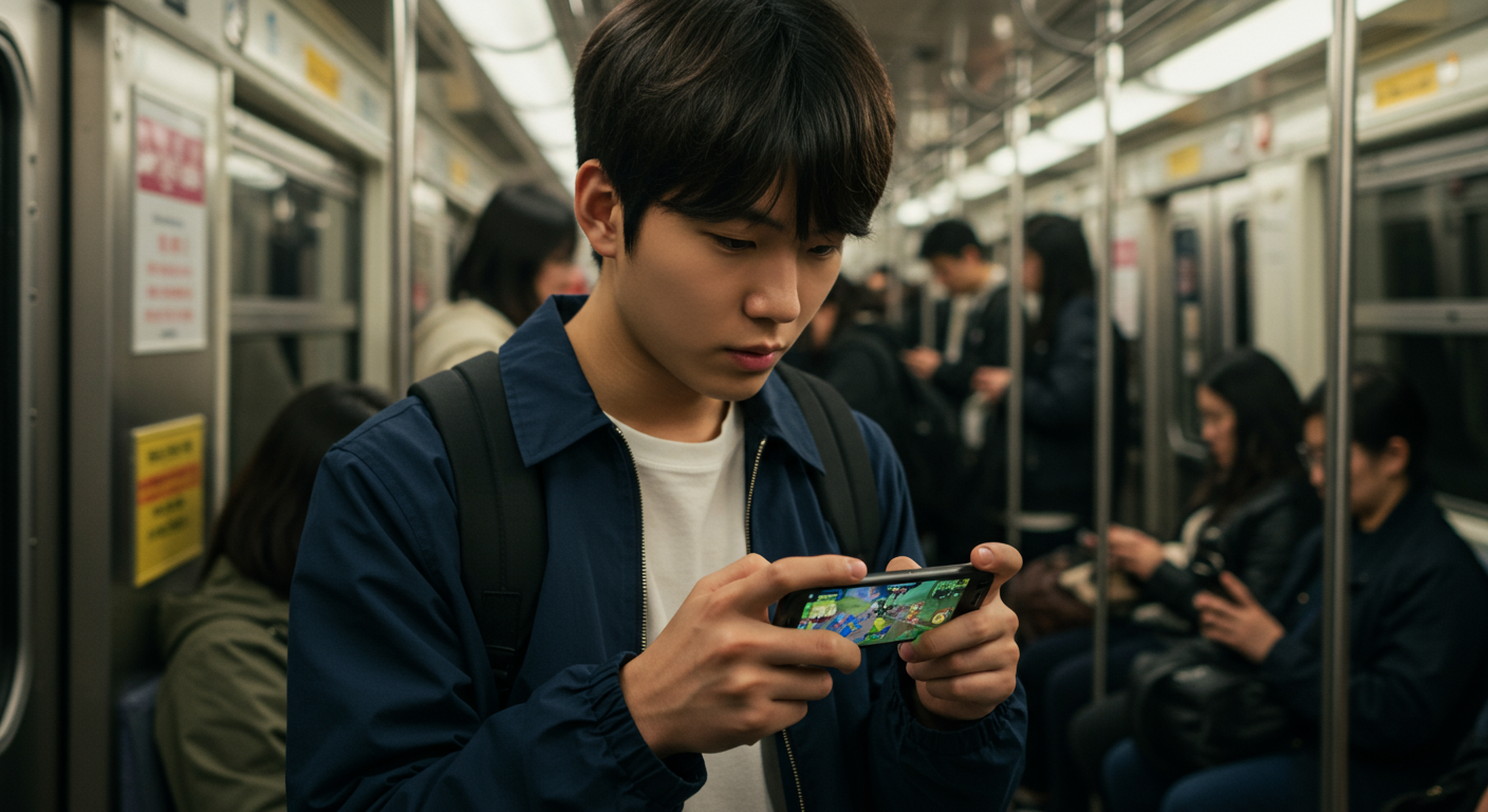 지하철에서 모바일 게임을 즐기는 현대적인 게이머의 모습