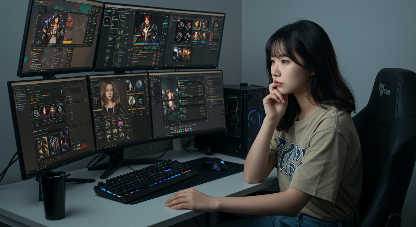 여러 화면에서 게임 통계와 장비 최적화를 보는 젊은 여성