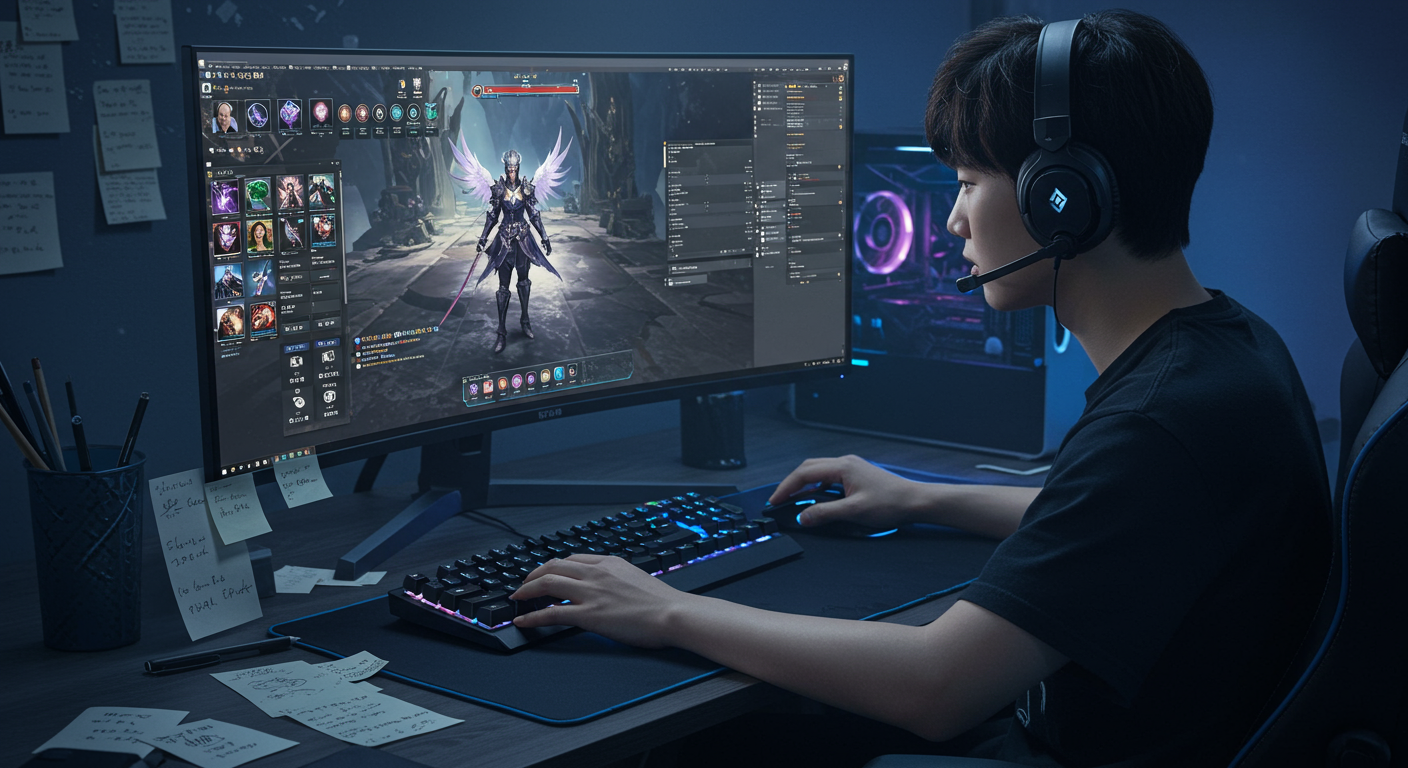 젊은 게이머가 복잡한 인터페이스의 아이온2 게임 화면 앞에서 집중하고 있는 모습
