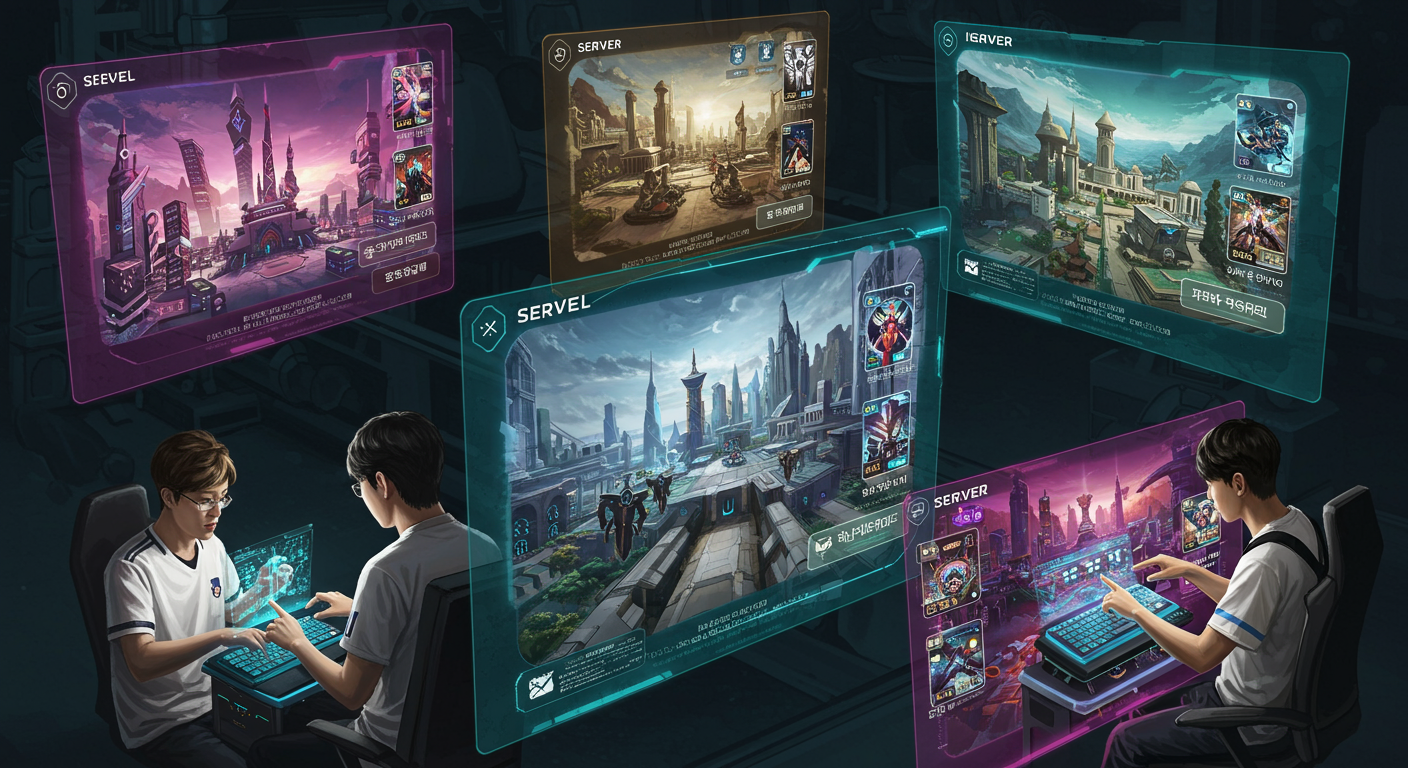 다양한 서버 배경을 가진 디지털 환경에서 서버를 선택하는 게이머들