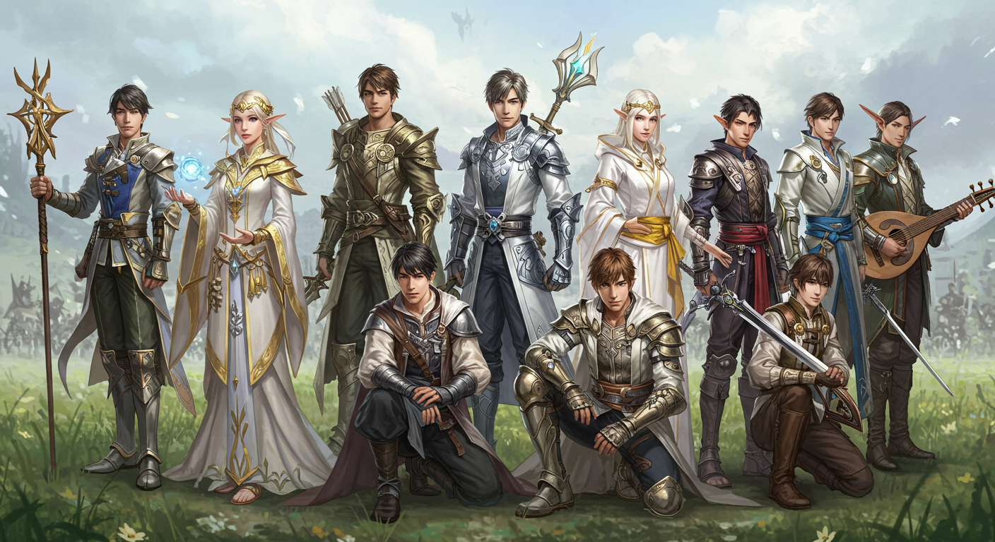 다양한 클래스의 상징적 소품과 복장을 입고 함께 서 있는 한국인들