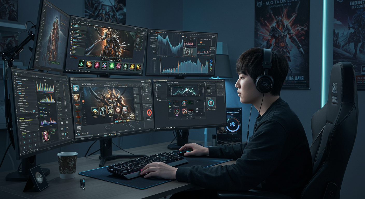 현대적인 게임룸에서 강화 레벨을 전략적으로 계획하는 게이머