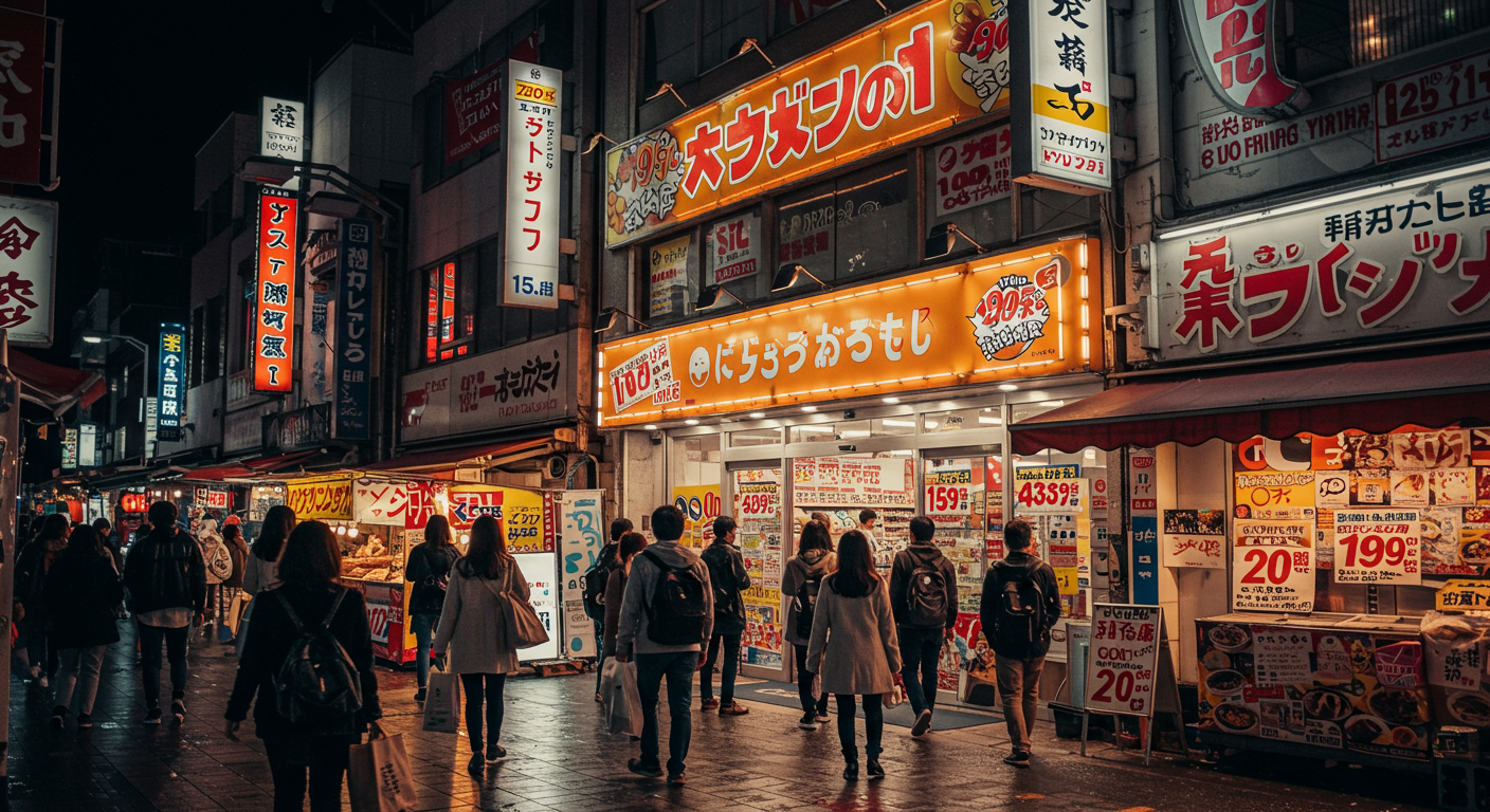 일본 대형 할인점의 야경과 번화한 거리