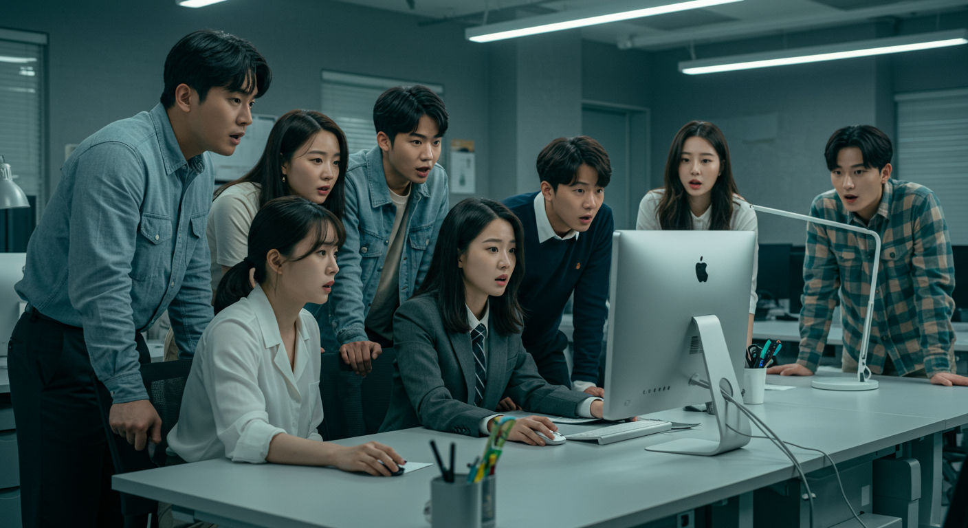 사무실에서 사람들이 컴퓨터 화면을 보며 충격적인 뉴스를 읽는 모습