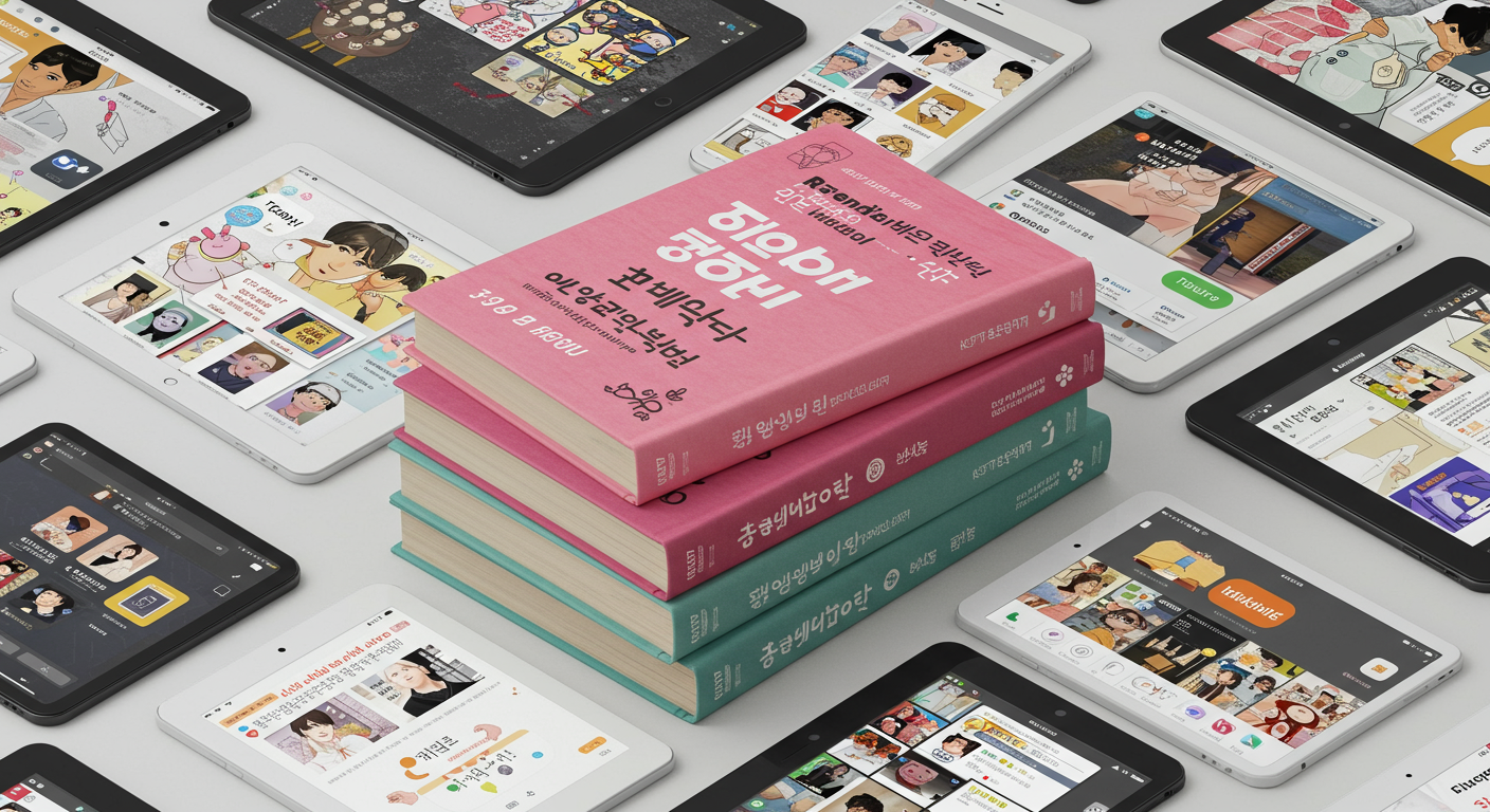 한국어 제목이 적힌 세 권의 책과 디지털 기기가 함께 놓인 모습